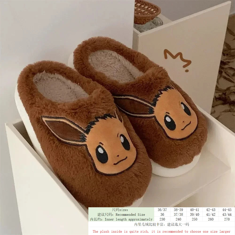 Popular anime Pokemon Pikachu Eevee Couple Cotton Slippers Winter Cute Cartoon Men Women Shoes with Velvet Insulation Anti slip