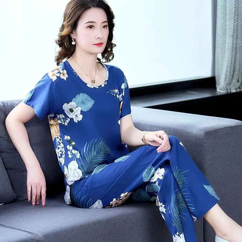 Women Summer Sets NEW Middle Aged Elderly Mother Cotton Silk Suit Casual Print Short Sleeve Top + Pants 2 Piece Set Femme Outfit