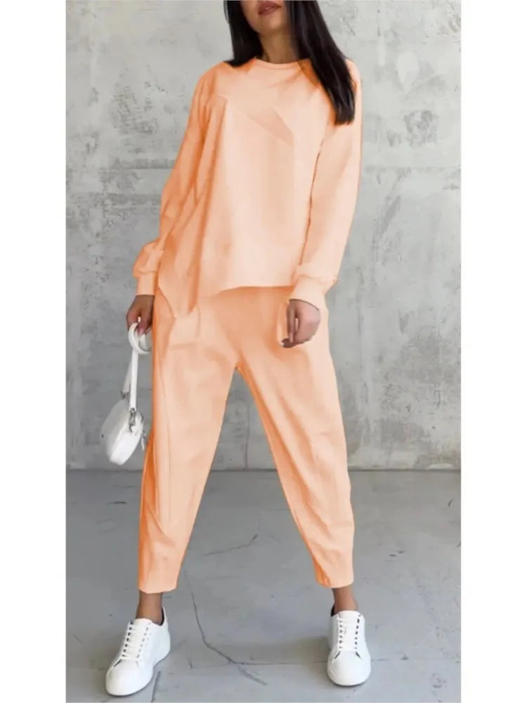 Autumn Winter Solid Color Casual Loose Irregular Long Sleeve Hoodie Women's Suit Fashion Simple Harun Pants Female 2 Piece Set