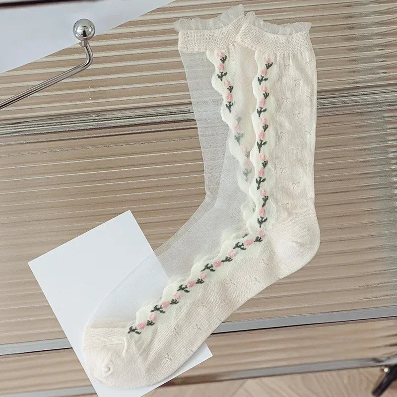 Transparent Crystal Silk Socks Women Fashion Ultra-thin Summer Harajuku Crew Socks Flower Streetwear Elastic Long Mesh Socks