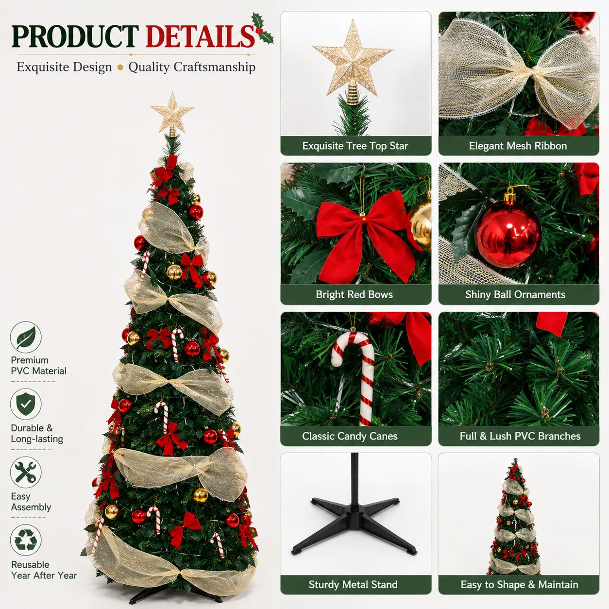 Artificial Christmas Tree with Lights Red Gold Decorations PVC Xmas Tree Easy Assembly 150/180/210cm Holiday Home Decor