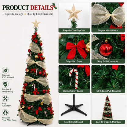 Artificial Christmas Tree with Lights Red Gold Decorations PVC Xmas Tree Easy Assembly 150/180/210cm Holiday Home Decor