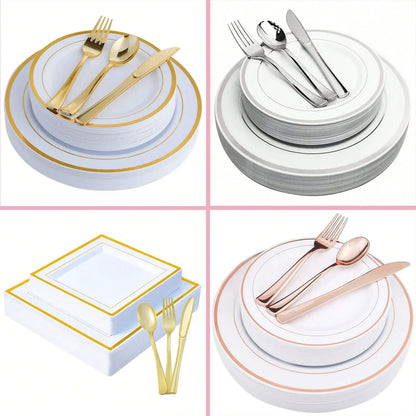 New Multi piece Set - Gold Platter Set, Plastic Tableware, Gold Edge Plate, Knife, Fork, Spoon, Party Wedding Set, Dessert Plate