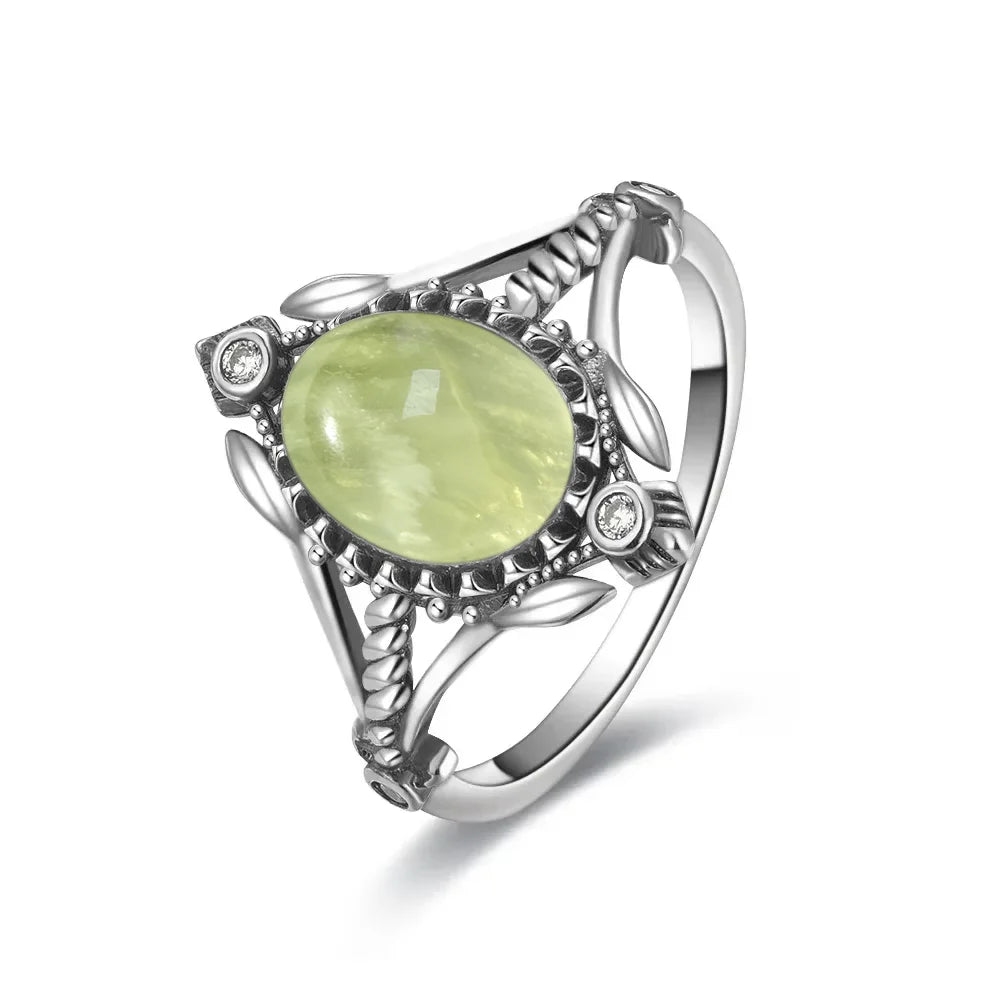 925 Sterling Silver Ring With Natural Prehnite Stone 8*10mm Oval Shape With Crystal Flower Design Gifts Fine Jewelry For Women