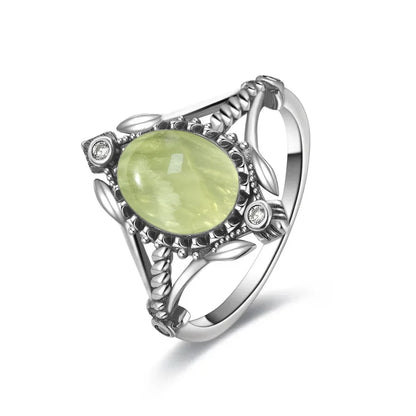 925 Sterling Silver Ring With Natural Prehnite Stone 8*10mm Oval Shape With Crystal Flower Design Gifts Fine Jewelry For Women