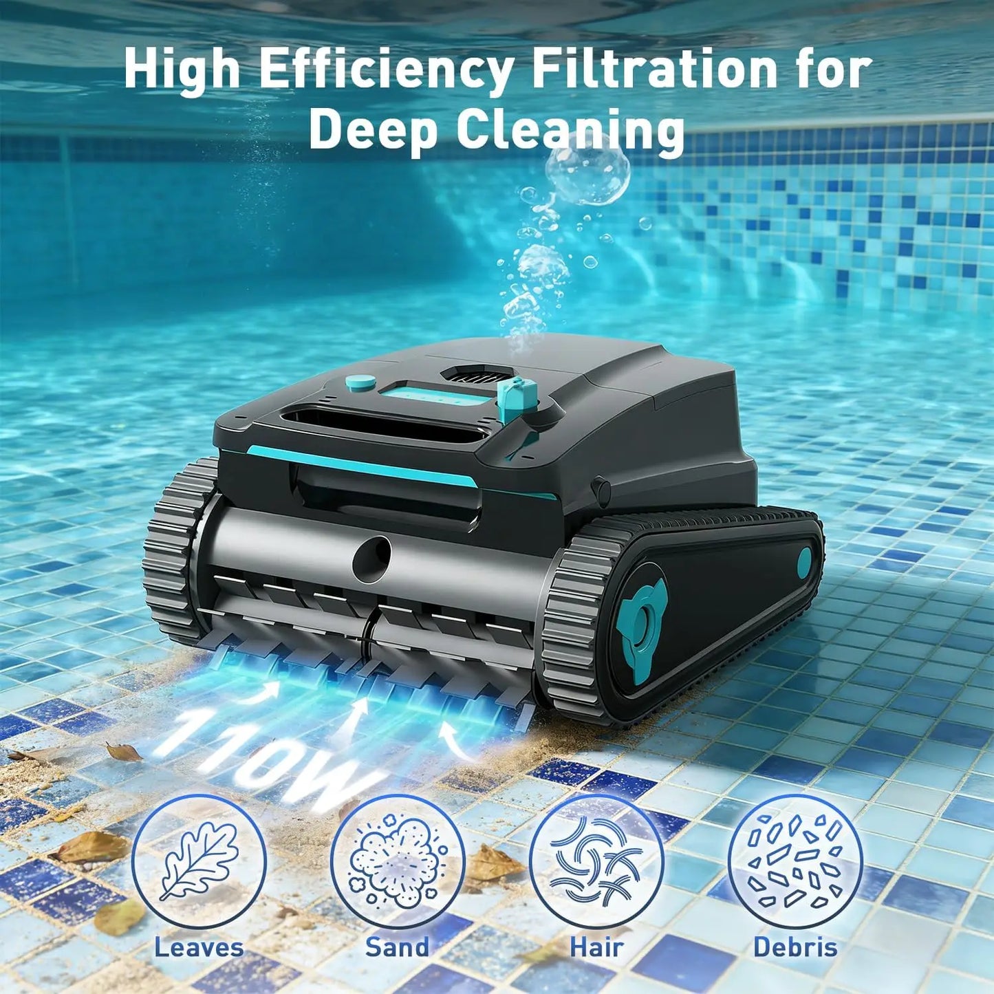 Cordless robotic pool cleaner for above-ground and in-ground pools; features automatic parking; maximum cleaning coverage of 19.8 meters / 1,100 square meters (tracked model).