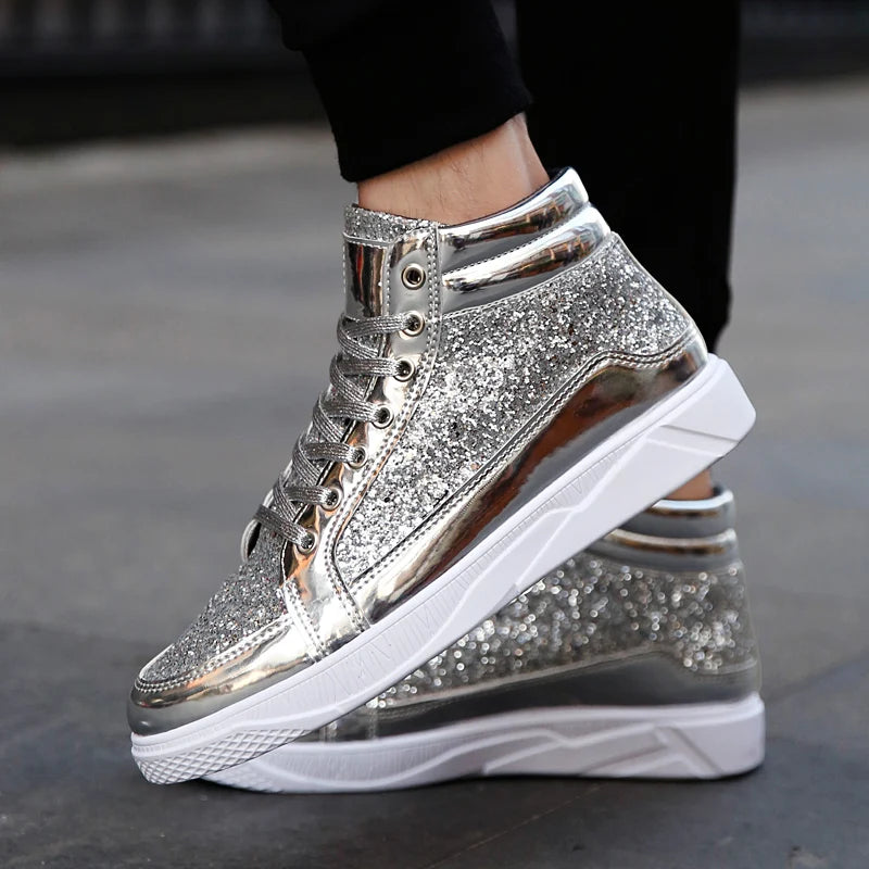 Men's Glitter High Top Sneakers Shiny Party Stage Shoes Casual Fashion Footwear Tênis Alto Brilhante Zapatillas Altas Brillantes
