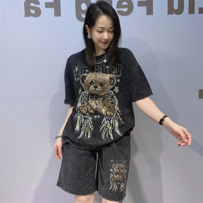 Tie-dye Cartoon Bear Oversized Short Pant Sets Woman Outfits 2026 Summer Casual O Neck Short Sleeve T Shirt 2 Piece Sets