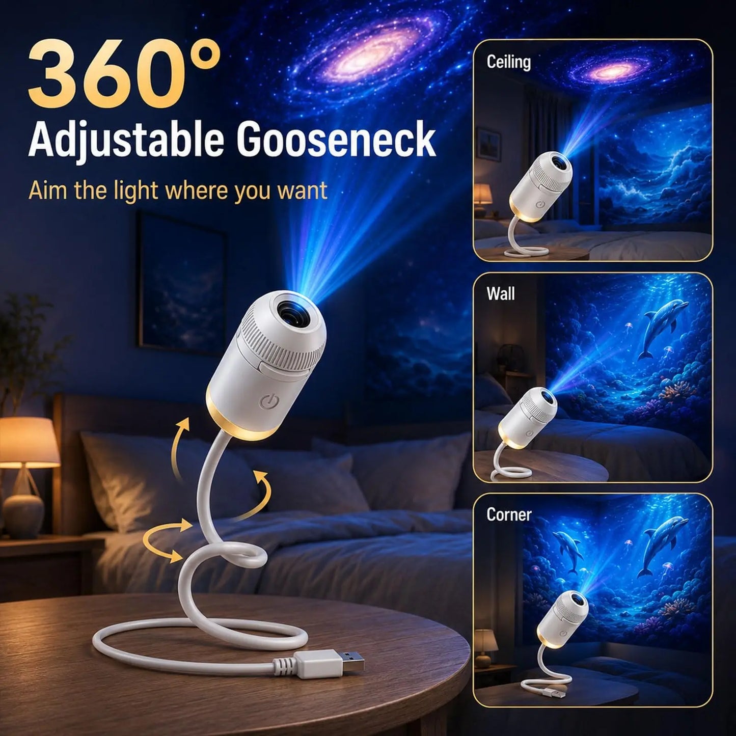 2027 Upgraded Hd Smart Dynamic 5d Holographic Night Light Projector, Plug and Play Hd Star Projector, 360° Adjustable Hd Galaxy