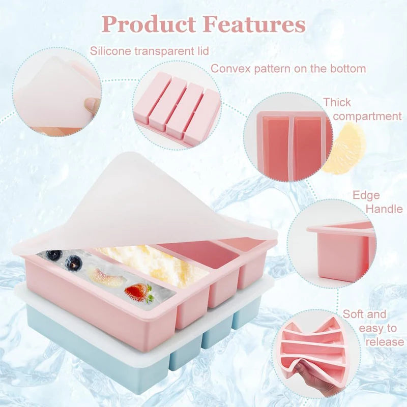 4 Grid Big Ice Tray Long Strip Square Whiskey Ice Cubes Silicone Mold With Lid Non-toxic Durable Pub Wine Ice Blocks Maker Model