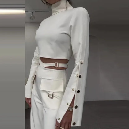 Women Pant Set Work Two Piece Sets Turtleneck Full Sleeve Tops Sexy Wide Leg Long Pants Loose Casual Elegant Matching Sets