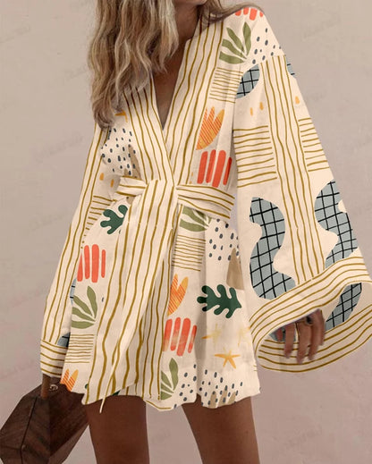 Summer Fashion Print Beach Holiday 2-Piece Set Women Long Sleeve Shirt Top+Wide Legs Short Women Oversized Two-Piece Outfit