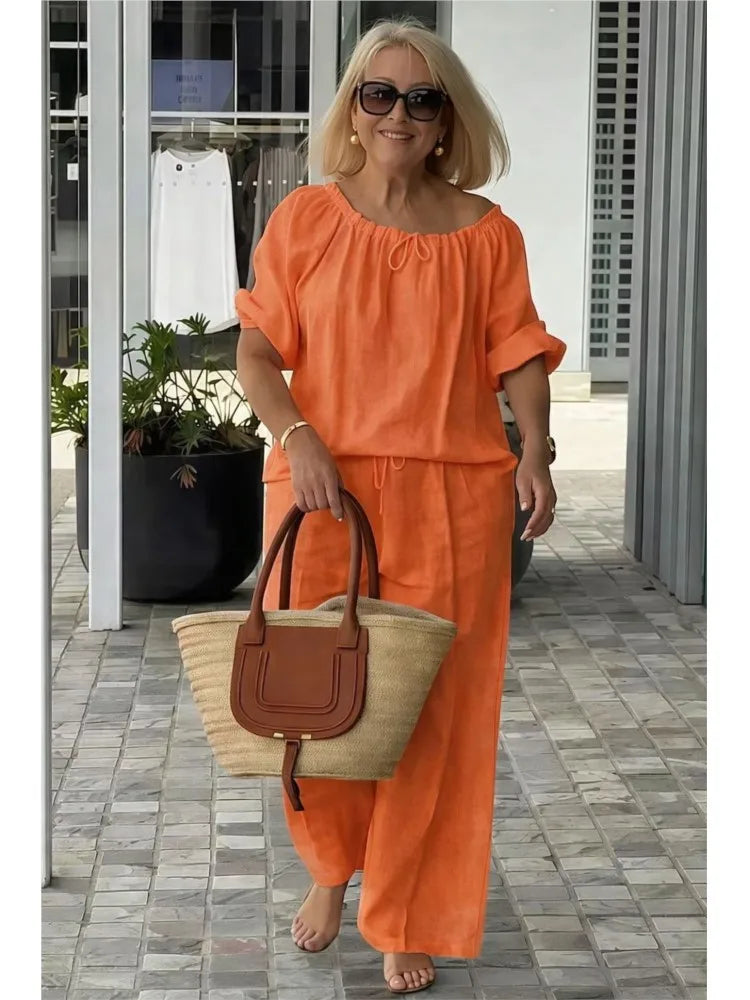 Fashion Casual Woman 2 Piece Set Outfit New Spring And Summer Women's Loose Drawstring Round Neck Top And Pants Two-piece Set