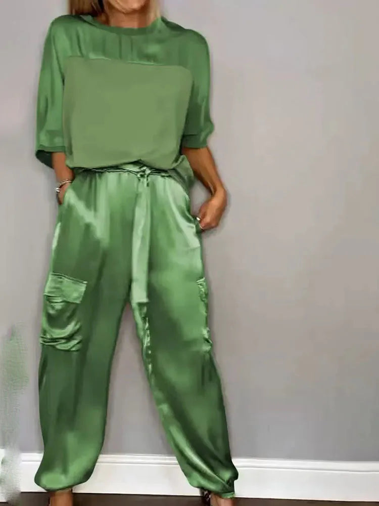 Women's Summer Fashion Solid Satin Two Piece Set Women O Neck Long Sleeved Top Long Pants Casual Loose 2 Piece Set Women Clothes
