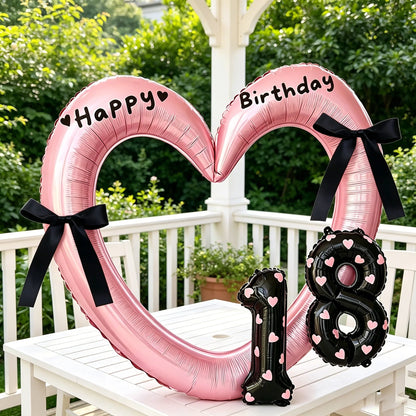 7Pcs 16inch Black Number Hollow-Out Heart Balloons and Heart Stickers Set, Includes 2 Number Balloons, 2 Stickers, 1 Glue Stick, 2 25cm Ribbons, for Birthday Parties, Wedding Anniversary Celebrations, Holiday Decorations
