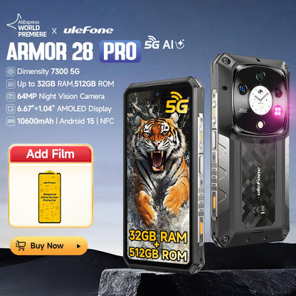 Ulefone Armor 28 Pro 5G AI Rugged Phone 512GB ROM Smartphone 120W MTK Dimensity 7300 10600mAh 6.67”AMOLED 64MP Mobile Phone