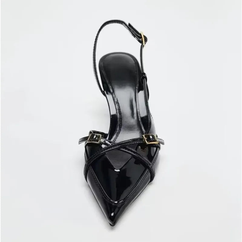 Sexy wine-red high-heeled shoes. Summer fashion pointed-toe elegant cross-strap stiletto sandals. Big size women's shoes