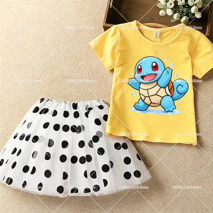 Kawaii Pikachu Eevee T-Shirt Skirt 2pcs Set Pokemon Jigglypuff Toddler Short Sleeve Tee Polka Dot Tutu Skirts Kids Clothes Set