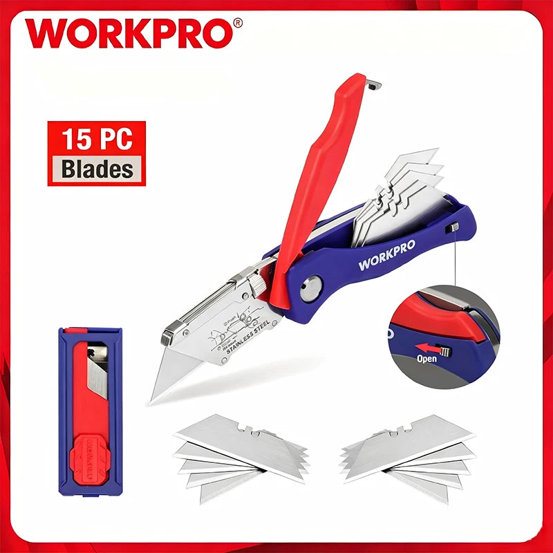 WORKPRO Folding Knife 15 Blades Heavy Duty Stainless Steel Utility Cutter - Electrician Outdoor & General Purpose Hand Tool