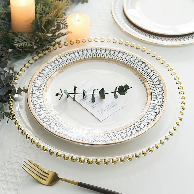 LIVETAI Pearl Ceramic Dinner Plates Set Western Steak Serving Dish for Home Restaurant