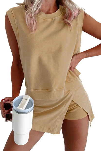 Summer Women Solid Color Casual Suit 2025 New Pure Cotton Short-Sleeved T-Shirt + Shorts Two Pieces Sets Women Vest Top Suits