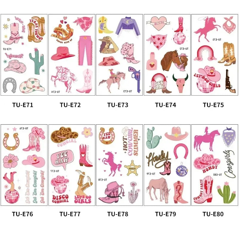 10 Sheets Western Cowgirl Theme Temporary Tattoos Cowboy Boot Hat Body Face Sticker Birthday Bachelorette Wedding Party Decor