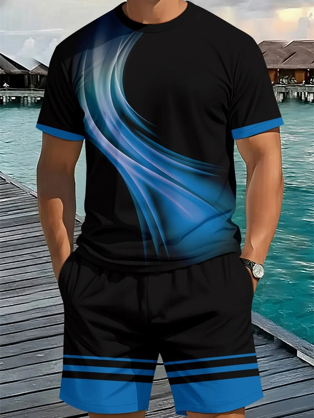Men's Classic Stripe Printed T-Shirt Shorts Set Plus Size Short Sleeve T-Shirt and Drawstring Shorts Summer Casual Two Piece Set