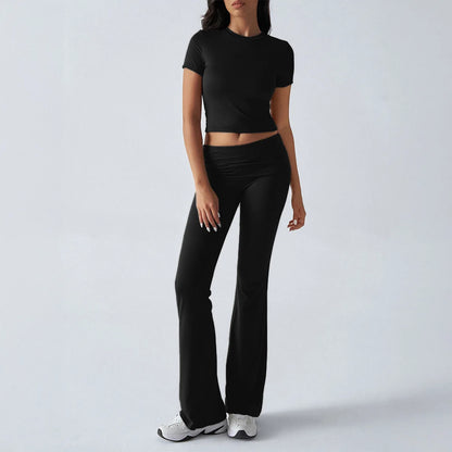 Women's Sexy Tops Suits 2026 Summer Latest Casual Solid Color Yoga Suit Slim Fit Sports Short Sleeved Pants Two-Piece Set Outfit