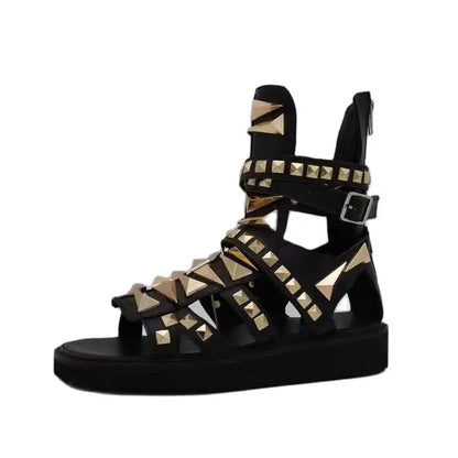 Men Casual Sandals Genuine Leather Platform Gold Rivet High Top Rome Luxury Height Increasing High Street Summer Black Shoes