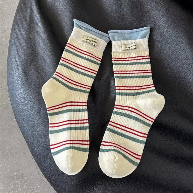 New Women Socks Cute Love With Heart Print Sock Cotton Harajuku Vintage Happy Female Dots Heart Kawaii Sox White Pink Crew Sock