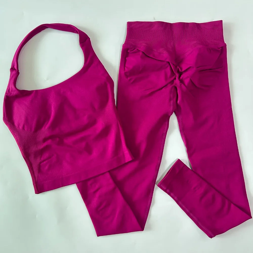 1-2pcs Gym Set Women Backless Tank Tops High Waist Scrunch Seamless Shorts High Waist Yoga Leggings Workout Sets Gym Suit