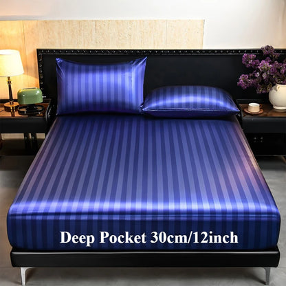 Striped Satin Fitted Sheet | 100% Polyester with All-Around Elastic | Multiple Bed Sizes