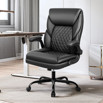 KERDOM Office Desk Chair, Mid Back Executive Leather Chair,Ergonomic Home Computer Chair,Modern Conference Room Chairs with Adjustable Flip-Up Arms and Rocking Function, Black