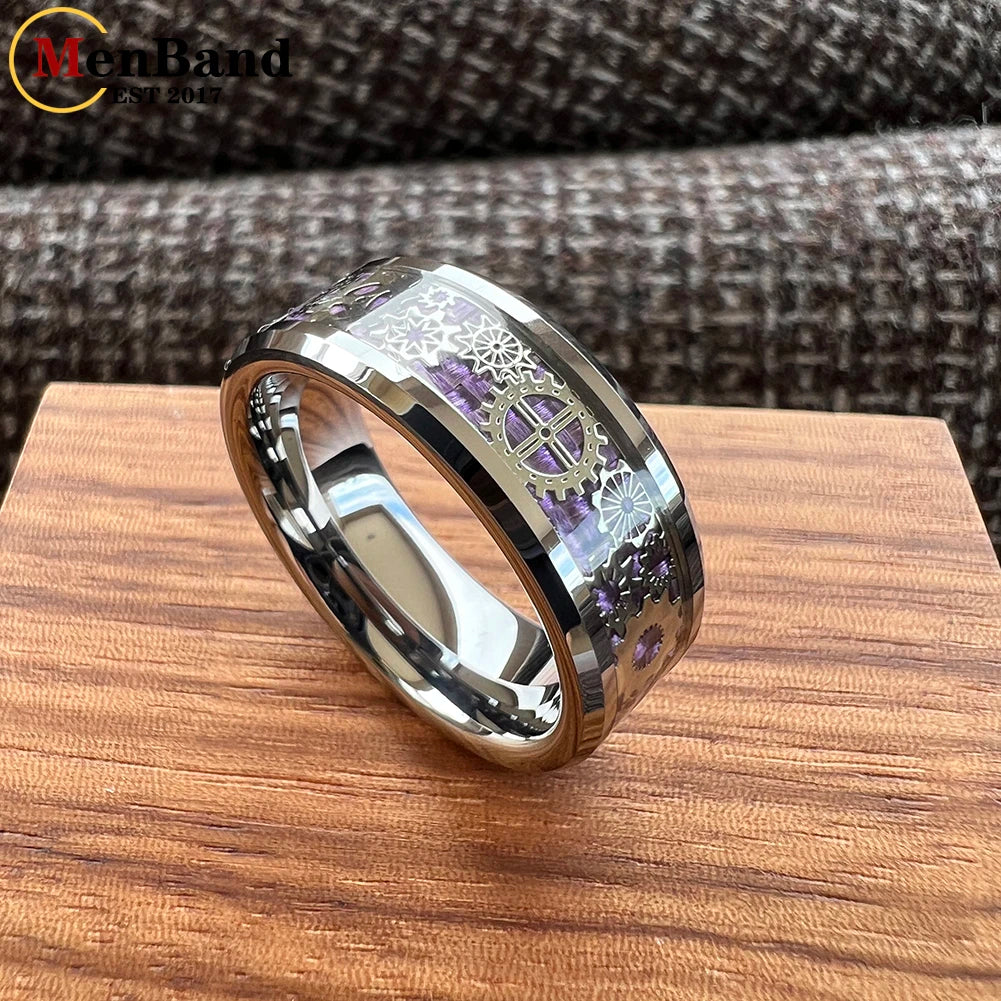 MenBand Unique 6/8mm Tungsten Carbide Rings Wedding Band Gear Wheel Blue Carbon Fiber Inlay Fashion Jewelry Comfort Fit