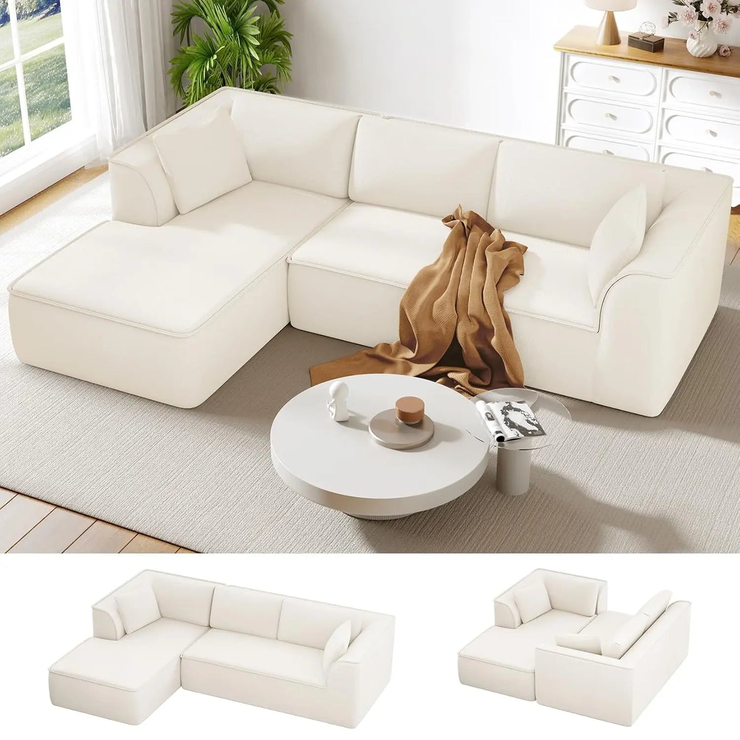 Boneless Couch with Chaise, Deep Seat Comfy Cloud Modular Sofa Corduroy Memory Foam Sectional Couches ,Customized