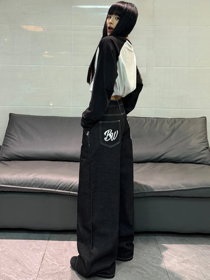 American High Street Cartoon Print Design Black Women's Loose Wide Leg Jeans Y2K Street Fashion Versatile Trousers