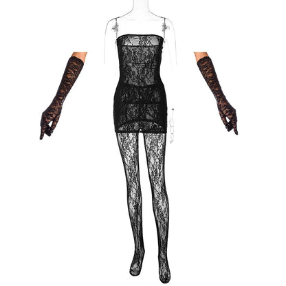 3 Pieces Women Mini Dress + Leggings + Gloves Matching Set 2025 New Club Party See Through Black Red Lace Dresses Suit Outfits