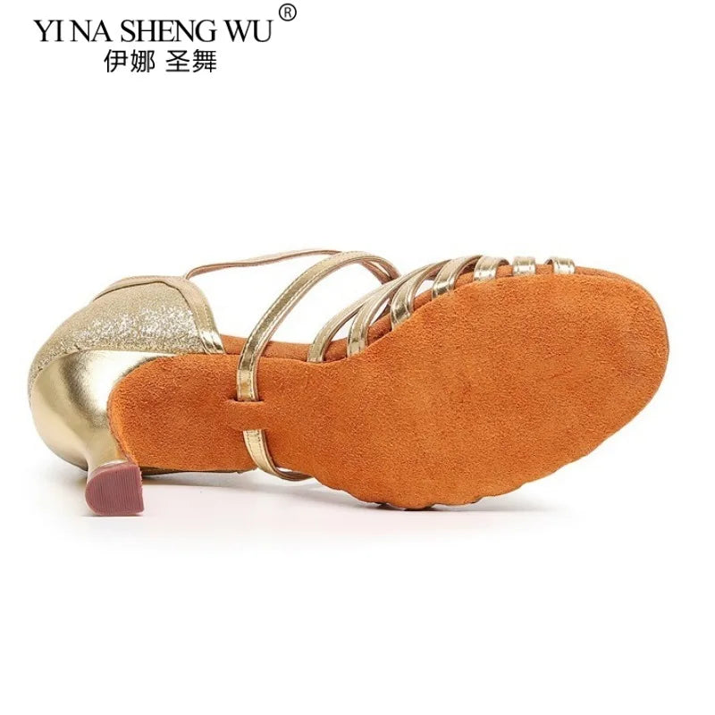 New Arrival Women Dance Shoes Latin Dance Ballroom Modern Dancing Soft Sole Practice Shoes Silver Gold Heel Shoes Dance Shoes
