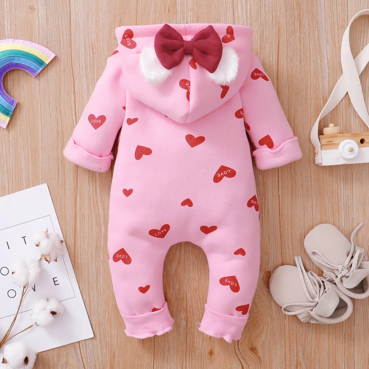 Newborn Baby Romper Love Printed Clothes Hooded Children Girl 0-1 Years Autumn Spring Infant Boy Jumpsuit Outfits 3 6 Months