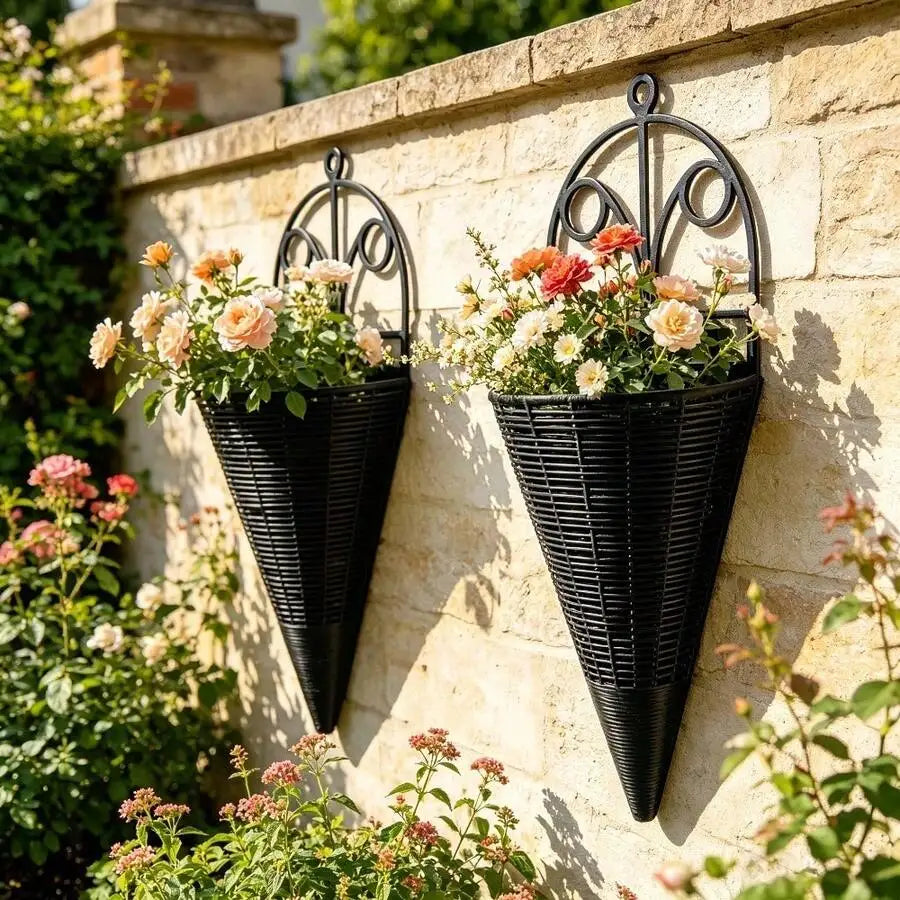 2pcs Brown/Cream Plastic Wall Hanging Flower Basket, One-Piece Cone-Shaped Wall Hanging Flower Pot Holder, Indoor/Outdoor Home G