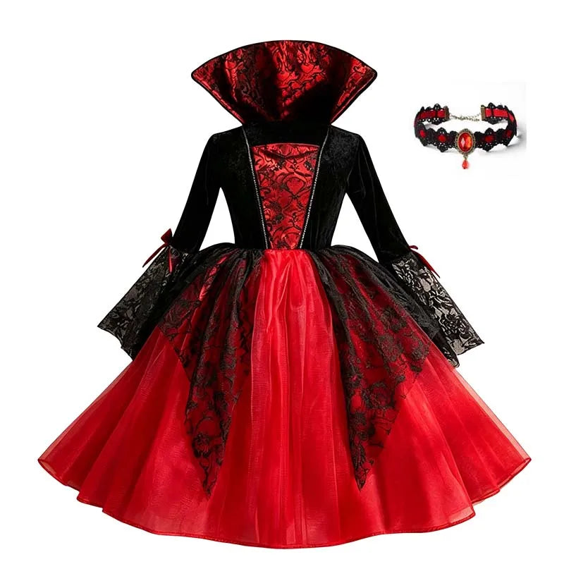 Kids Girls Cosplay Gothic Dark Ghost Bride Witch Vampire Halloween Costume Red Black Tutu Dress Wig Veil Kits Trick or Treat