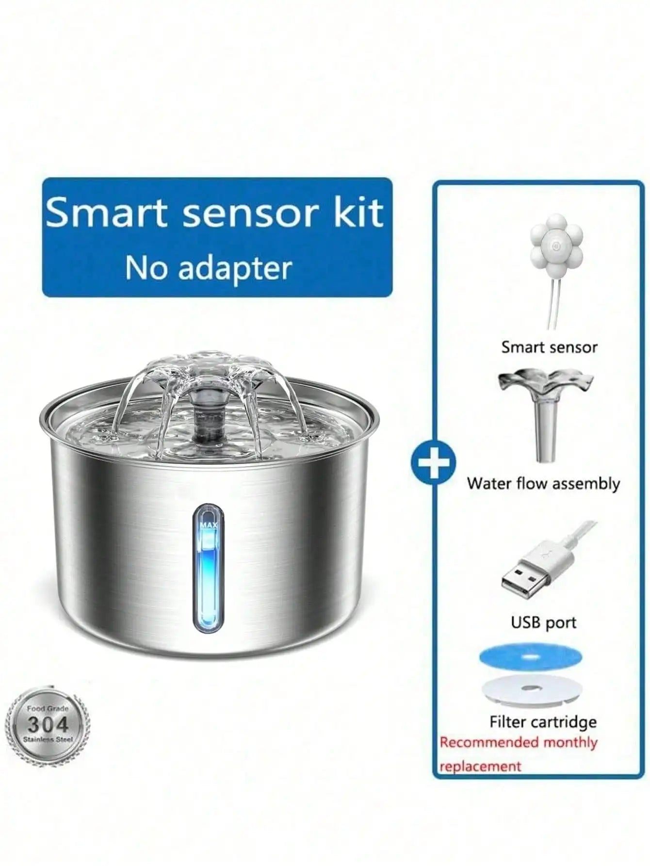 3L/101.45oz/0.793Gallon Stainless Steel Automatic Cat Water Drinker | Quiet USB Powered Pet Feeder with Water Level Indicator