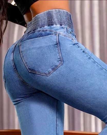 Y2K Autumn winter Jeans Elegant High Waist Button Front Casual Female Jeans Sexy  Fashion Back Shirred Trouser Bottom