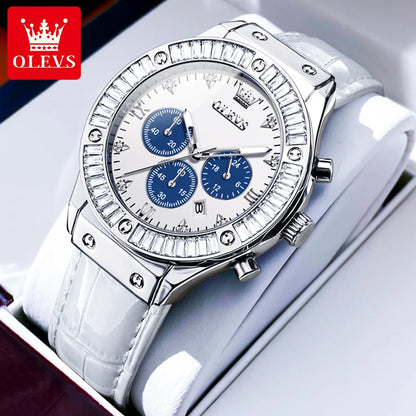 OLEVS 9978 Women Watch Original Quartz Watch Waterproof Leather Strap Multifunctional Chronograph Watch Bracelet Set Gifts Box