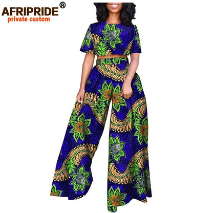 African 2 Piece Set for Women Print Tops and Ankara Pants Dashiki Clothing Tracksuit Short Blouse Outfits Wax AFRIPRIDE A2026001