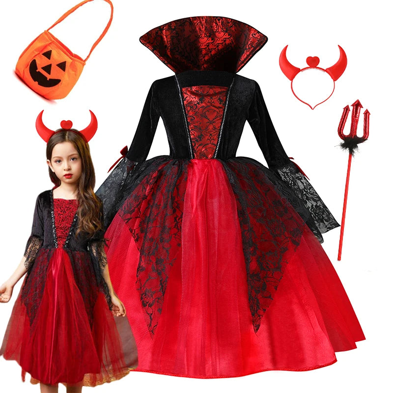 Kids Girls Vampire Devil Cosplay Dress Complete Set with Accessories Halloween Theme Party Costume Holiday Gift for Girls