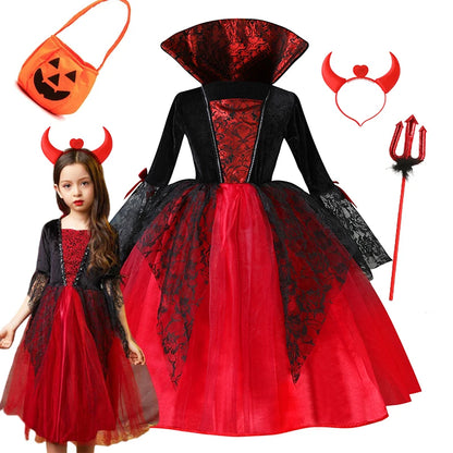 Kids Girls Vampire Devil Cosplay Dress Complete Set with Accessories Halloween Theme Party Costume Holiday Gift for Girls