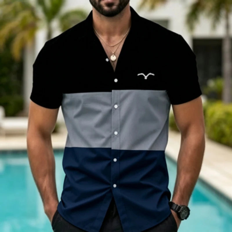 Men's short sleeved shirt with contrasting color splicing, geometric color block printed collar shirt, European and American str