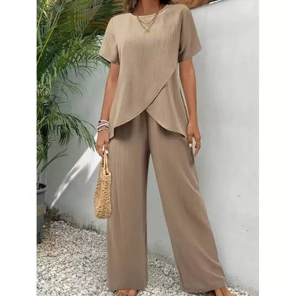 2 pieces women sets 2026 summer short-sleeved irregular round-neck loose top+casual solid color pant sets women's clothing