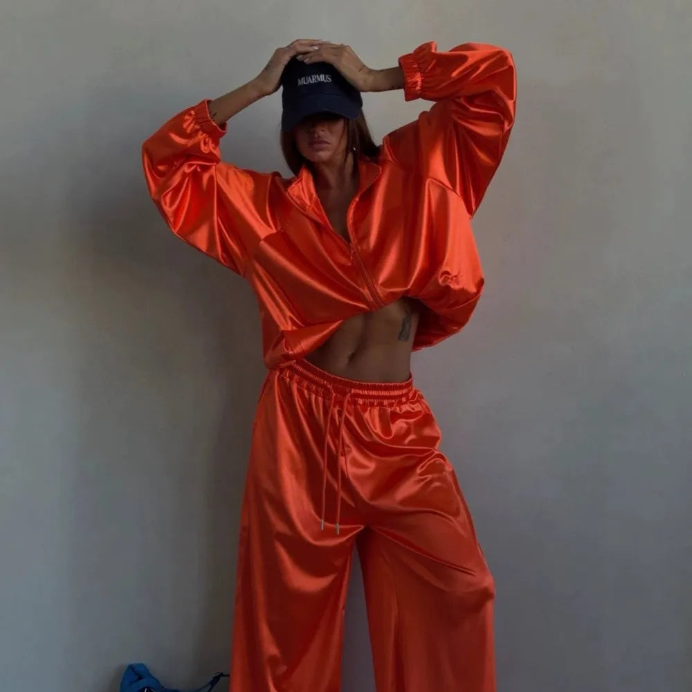 2026Spring Autumn New Satin Women's Sports Suit Fashion Zipper Long Sleeve Jacket Casual Loose Female Wide Leg Pants 2 Piece Set